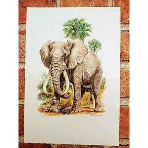 Elephant 1999 Vtg ART PRINT  7"x10" by R. Fieger Unique Jungle Animal Wall Decor